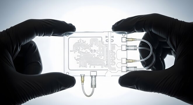 Hands in black gloves carefully hold a transparent microfluidic device, showcasing intricate design with tubing against a bright background.