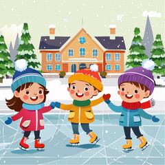 Fototapeta premium Colorful vector graphic of kids learning to ice skate, wearing winter clothes, joyful expressions, ice rink in the background, playful style