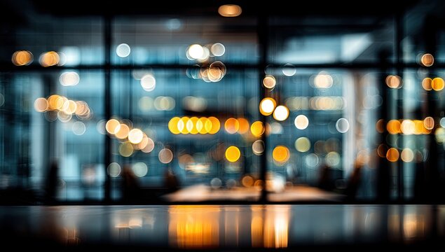 Blurry view of an interior space through large windows at night