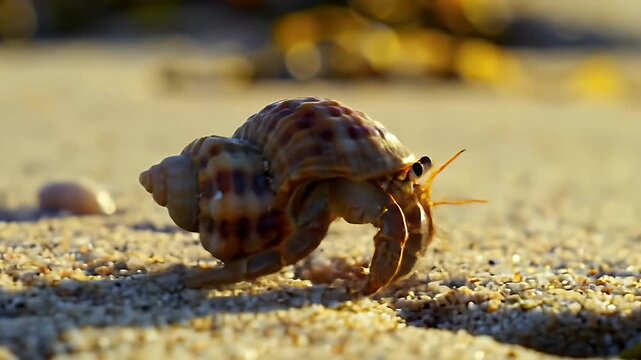 Hermit crab on sand showing its shell and body Bright sunlight illuminates the scene