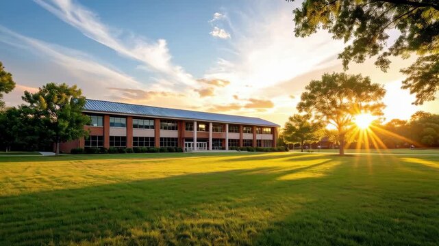Exterior view of a brick educational building on a sprawling green lawn during the golden hour with trees casting shadows and a vibrant sunset sky.