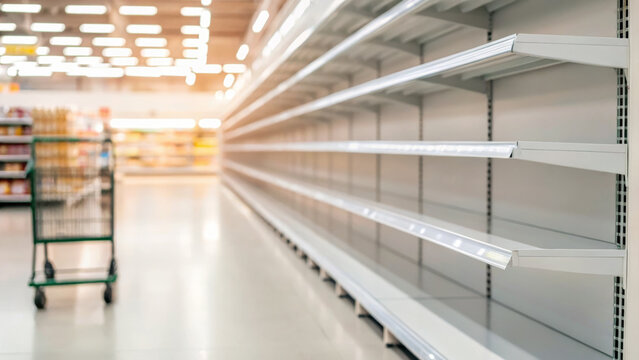 Halloween sale store promotion. Empty supermarket shelf grocery store shopping cart retail crisis,spooky product advertisement, discount banner shopping and trick or treat poster decoration