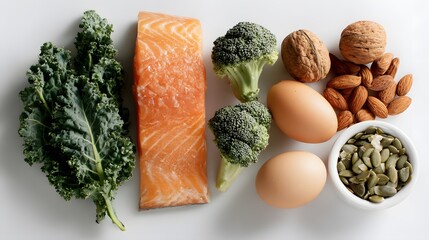 Healthy food selection salmon broccoli eggs nuts seeds kale balanced diet plan