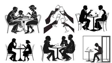 Vector collection of diner silhouettes showing people eating and socializing in restaurant and cafe scenes.