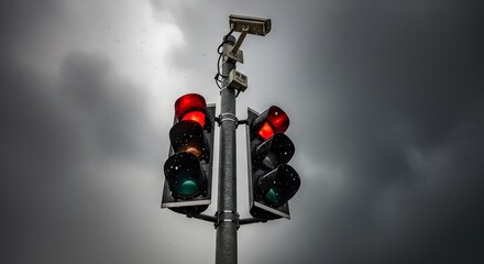 A traffic light shows a red light with green lights beneath, topped with a surveillance camera against a dark cloudy sky. 