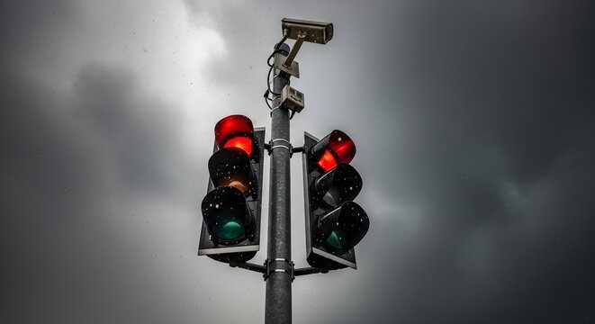 A traffic light shows a red light with green lights beneath, topped with a surveillance camera against a dark cloudy sky. 