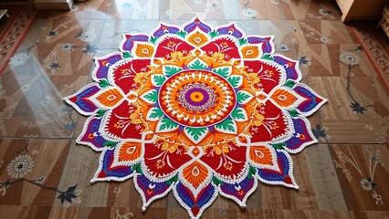 Colorful patterns auspicious art, traditional decor, intricate motifs, vibrant floor design, ceremonial drawing, festive symbolism.