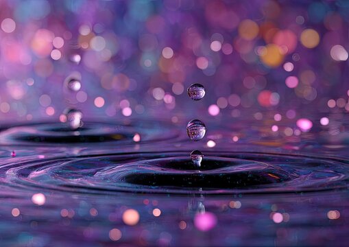 Water droplet impact, vibrant purple and pink bokeh