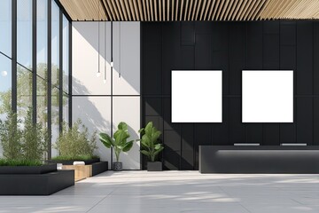Modern minimalist lobby with large windows, plants, and blank signage