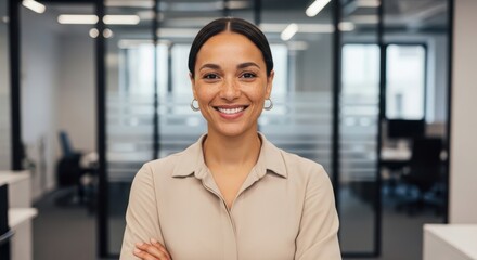 Fototapeta premium Photo of confident businesswoman smiling in modern office environment