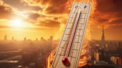 Naklejka na ściany i meble Heat stroke. Thermometer heat fire summer city sky sunset temperature hot climate dramatic,sunstroke,exhaustion,hot weather,heat summer,sun exposure,dehydration in high temperature overheating