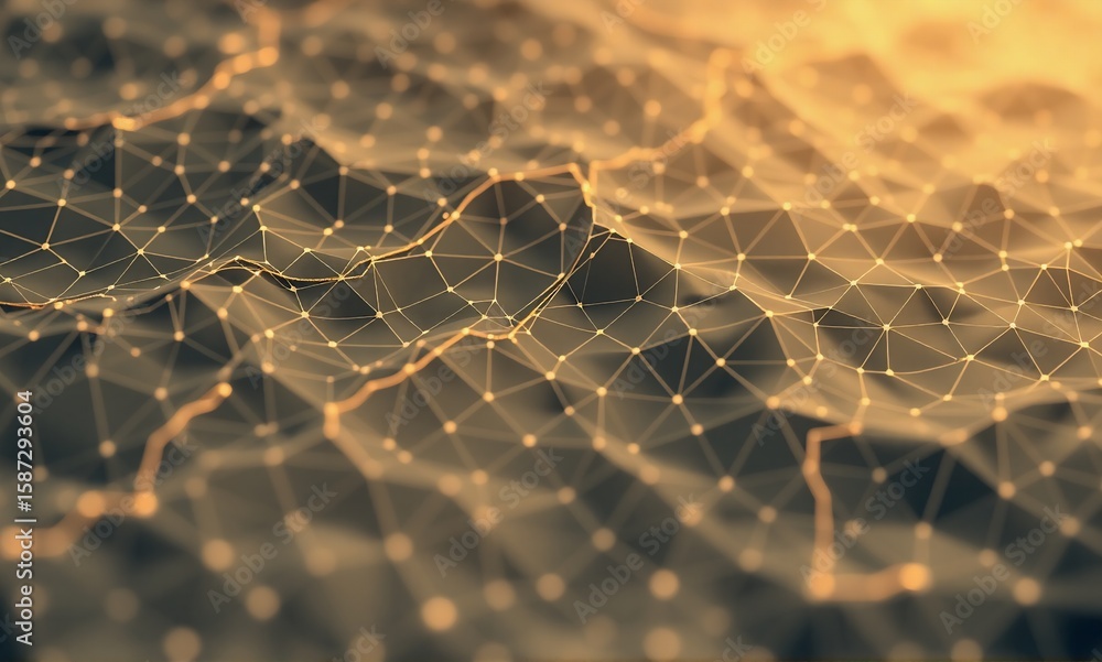 Poster an abstract digital landscape showing a complex network of connected dots and lines, with an undulat