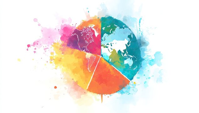 Pie chart of Earth, colorful watercolor splashes