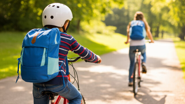 Kid and backpack back to school. Children backpack bicycle helmet outdoor park summer active safety riding,child,elementary uniform,children,new year education,educator,students returning to school