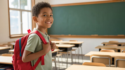 Kid and backpack back to school. Smiling boy backpack classroom school desk chalkboard window sunlight,child,elementary uniform,children,new year education,educator,students returning to school