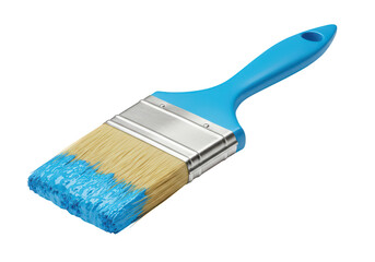 Blue handled paintbrush with bristles loaded with blue paint isolated on white background