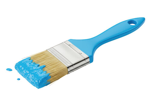 Blue paintbrush with blue paint splatters isolated on white background - Powered by Adobe
