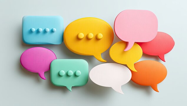 Colorful speech bubbles, various shapes and sizes, light background