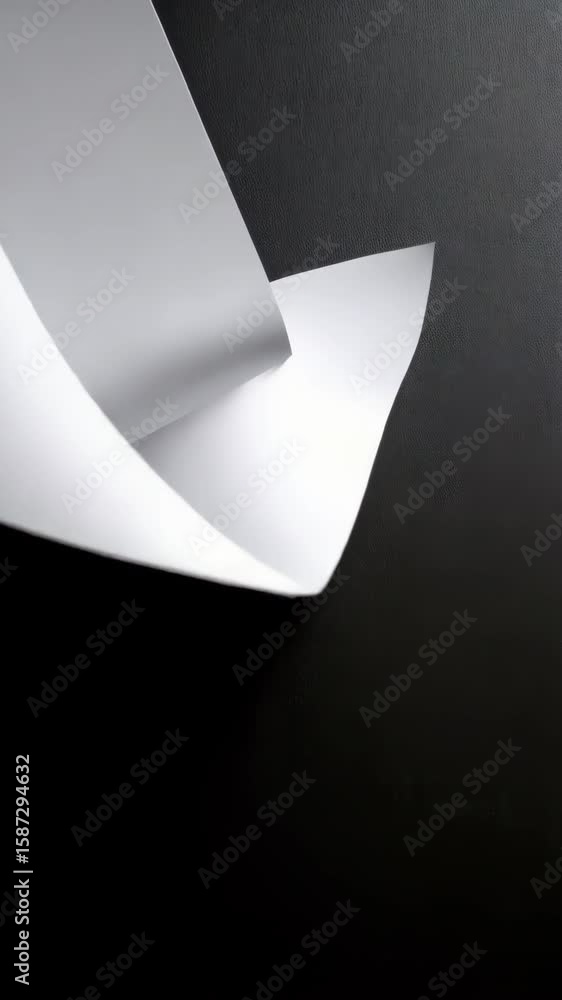 Poster minimalist top-down of a white blank sheet of paper partially curled up on black surface with soft s