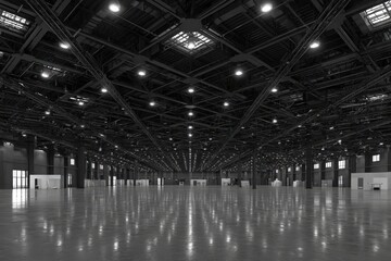 Empty exhibition hall, dark industrial interior