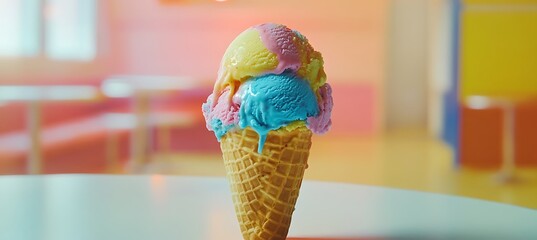 A scoop of colorful gelato in a waffle cone 