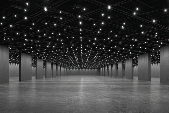 Empty hall, modern, industrial, vast space, lit ceiling