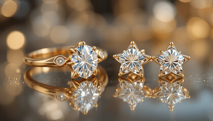 Exquisite Gold Ring and Star-Shaped Diamond Earrings with Sparkling Brilliance.