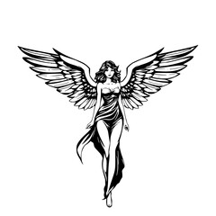 Obraz premium Angelic Beauty: A striking monochrome illustration of a graceful angel with large wings and flowing dress, rendered in bold line art style.