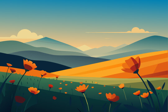 Vector landscape illustration, poppy field, rolling hills, sunny day, nature scenery
