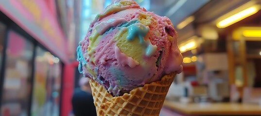 A scoop of colorful gelato in a waffle cone 
