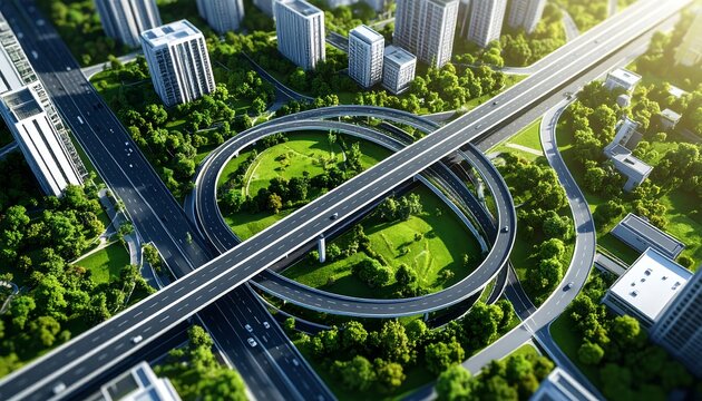 Aerial view of a modern city with green spaces