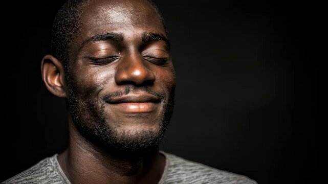 Young man with closed eyes smiles happily, radiating peace and contentment against a dark background