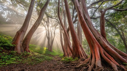 Misty forest of towering red-barked trees with sunbeams piercing through ancient canopy, conveying primordial serenity.