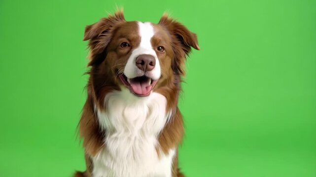 Adorable red and white border collie with expressive face sitting against a bright green background in a studio