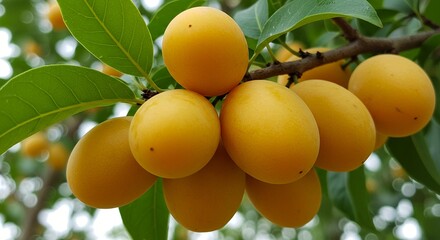 Photo of close up of a cluster of ripe yellow marian plums on a branch