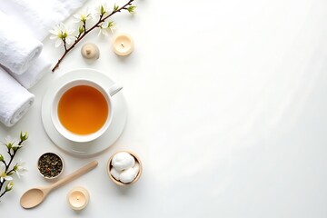 Wellness spa tea time concept with white towels candles and flowers for relaxation and mindfulness 