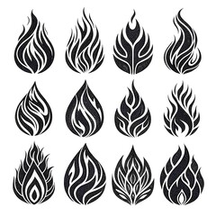 Black and white seamless pattern of flower and leaf silhouettes with fire and flame design elements