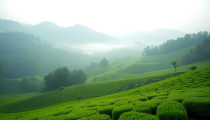 Misty Cameron Highlands Tea Plantations with Fog and Soft Light