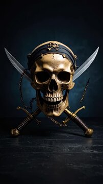 Golden skull with a black bandana, skull and crossbones detail, two crossed swords, pirate concept, on a dark table background.