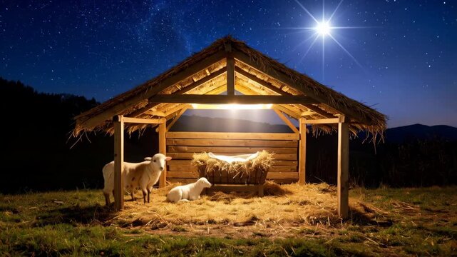 Rustic wooden manger with star and sheep under the night sky, symbolizing peace, hope and Christmas season.