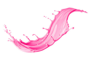 Vibrant pink liquid splash with droplets and smooth curves isolated on transparent background