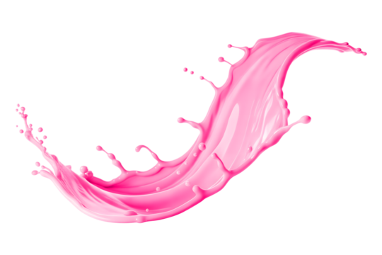 Vibrant pink liquid splash with droplets and smooth curves isolated on transparent background