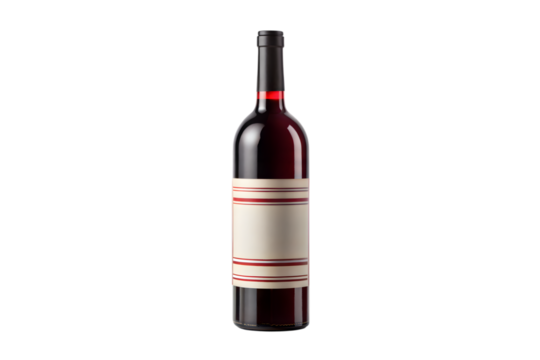 A full bottle of dark red wine with a blank cream label and red stripes isolated on transparent background