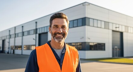 A man in an orange safety vest standing in front of a large warehouse.