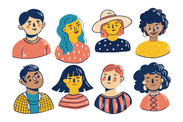 Diverse Human Portraits: An engaging illustration featuring eight distinct portraits of various humans, each with unique expressions and individualistic styles.