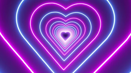 Abstract cyan color glowing neon hearts icon tunnel animation looping background.