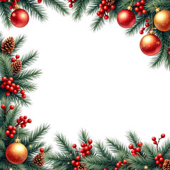 Christmas holiday background frame with fir branches, red and gold baubles, berries, and pinecones on a white background with copy space.