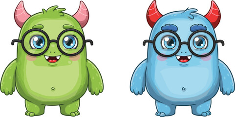 Cute cartoon monsters with glasses, green and blue characters smiling with horns, adorable fantasy creatures, isolated vector illustration for kids