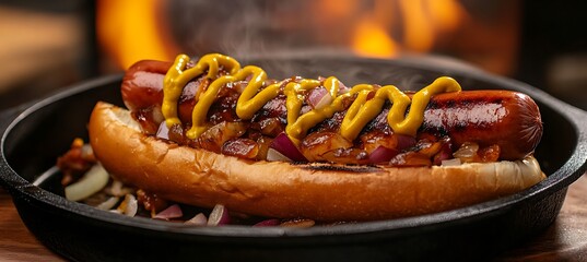 A sizzling hot dog with mustard and onions 