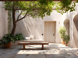Mediterranean courtyard garden with a wooden bench.